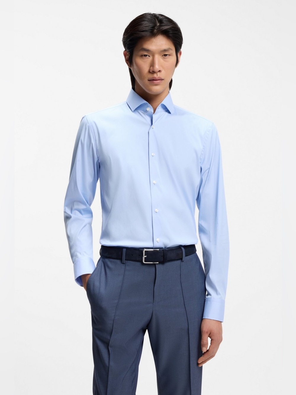 Hugo Boss mens 16 41 slim fit powder blue solid dress shirt EUC